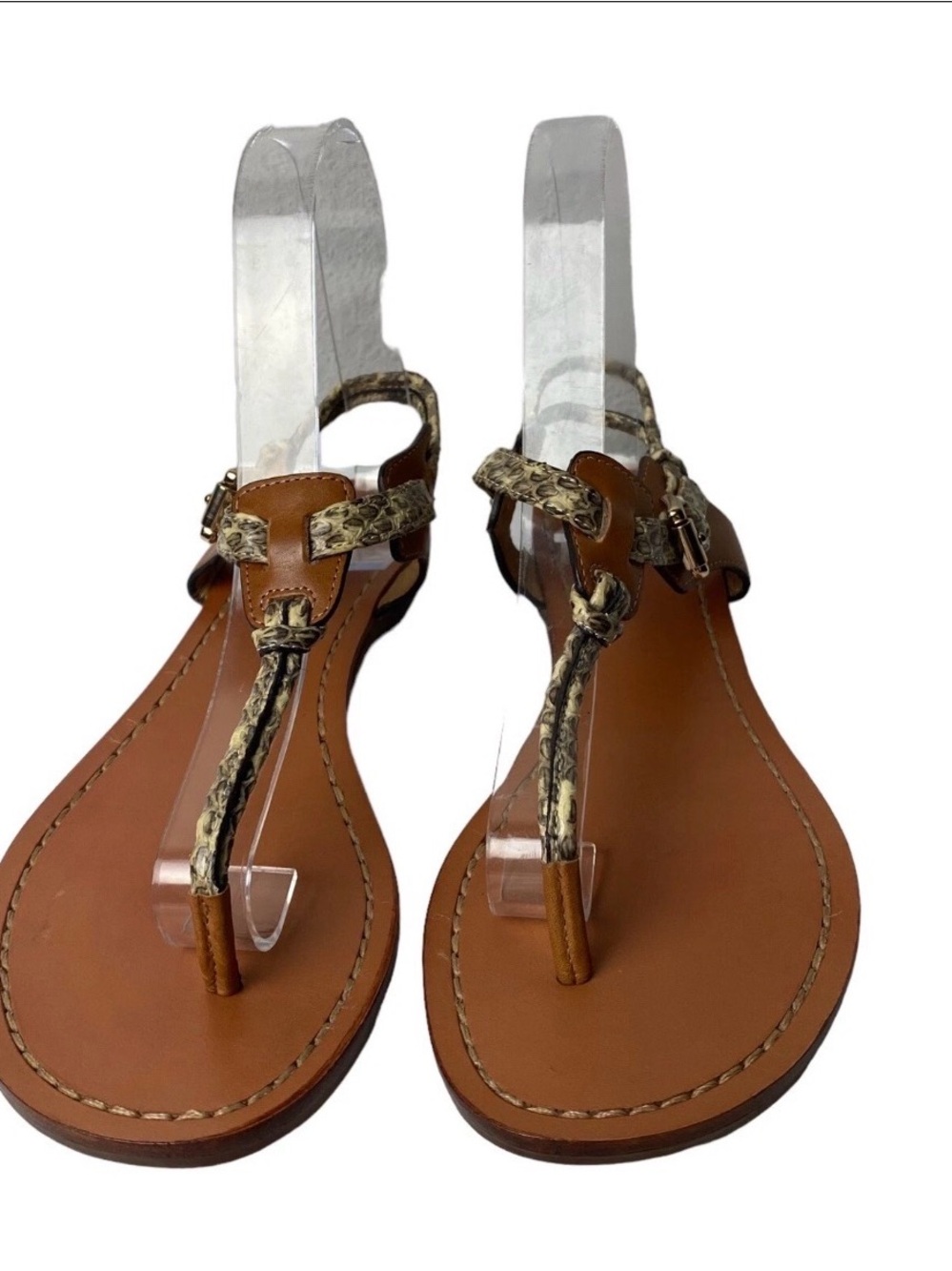 Coach Brown Leather T-Strap Sandals with Snake-Print Trim